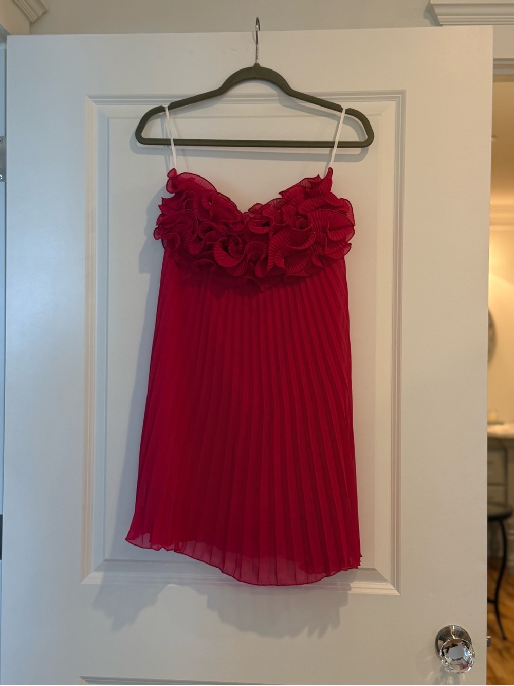 Commense Strapless Red Ruffle Bodice Pleated Dress